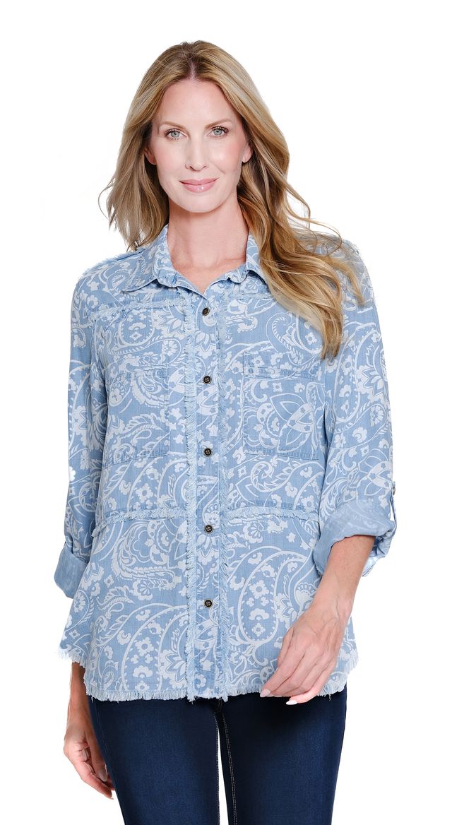 Multiples Roll Tab Sleeve 2 Pocket Button Front Fringe Shirt (DENPRNT)(M16208BM)