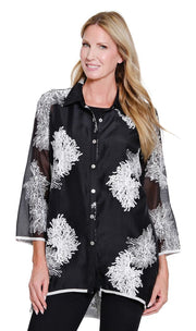 Multiples Petite All Over Embroidery Button Front Hi-Low Shirt (BLK/WHT)(M16407BP)