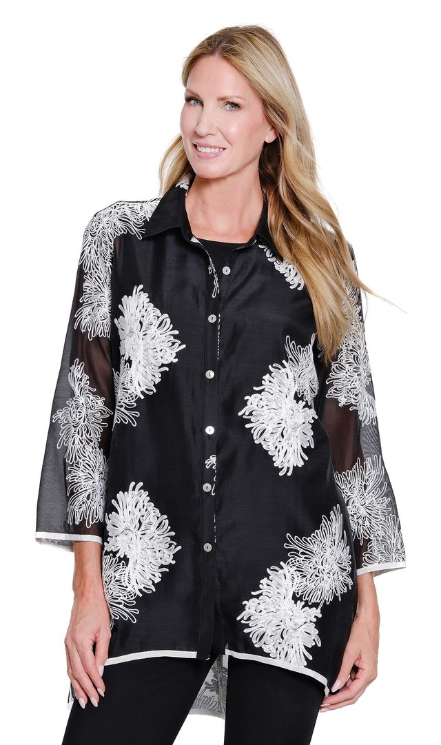 Multiples All Over Embroidery Button Front Hi-Low Shirt (BLK/WHT)(M16407BM)
