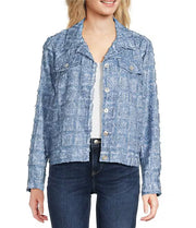 Ali Miles Woven Button Front Frayed All Over Pattern Jacket (MED BLU)