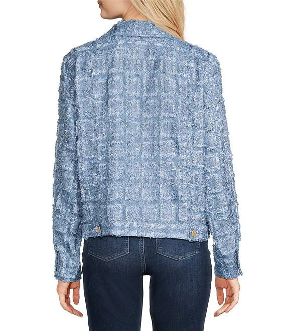 Ali Miles Woven Button Front Frayed All Over Pattern Jacket (MED BLU)