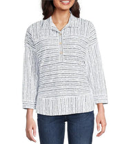 Ali Miles Knit Strayed Linear Dot Pop Over Shirt (WHT/GRY)