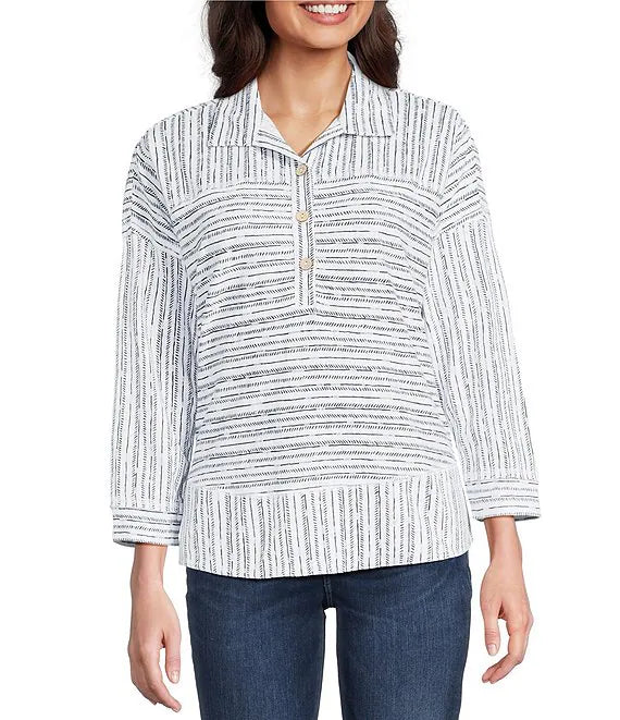 Ali Miles Knit Strayed Linear Dot Pop Over Shirt (WHT/GRY)