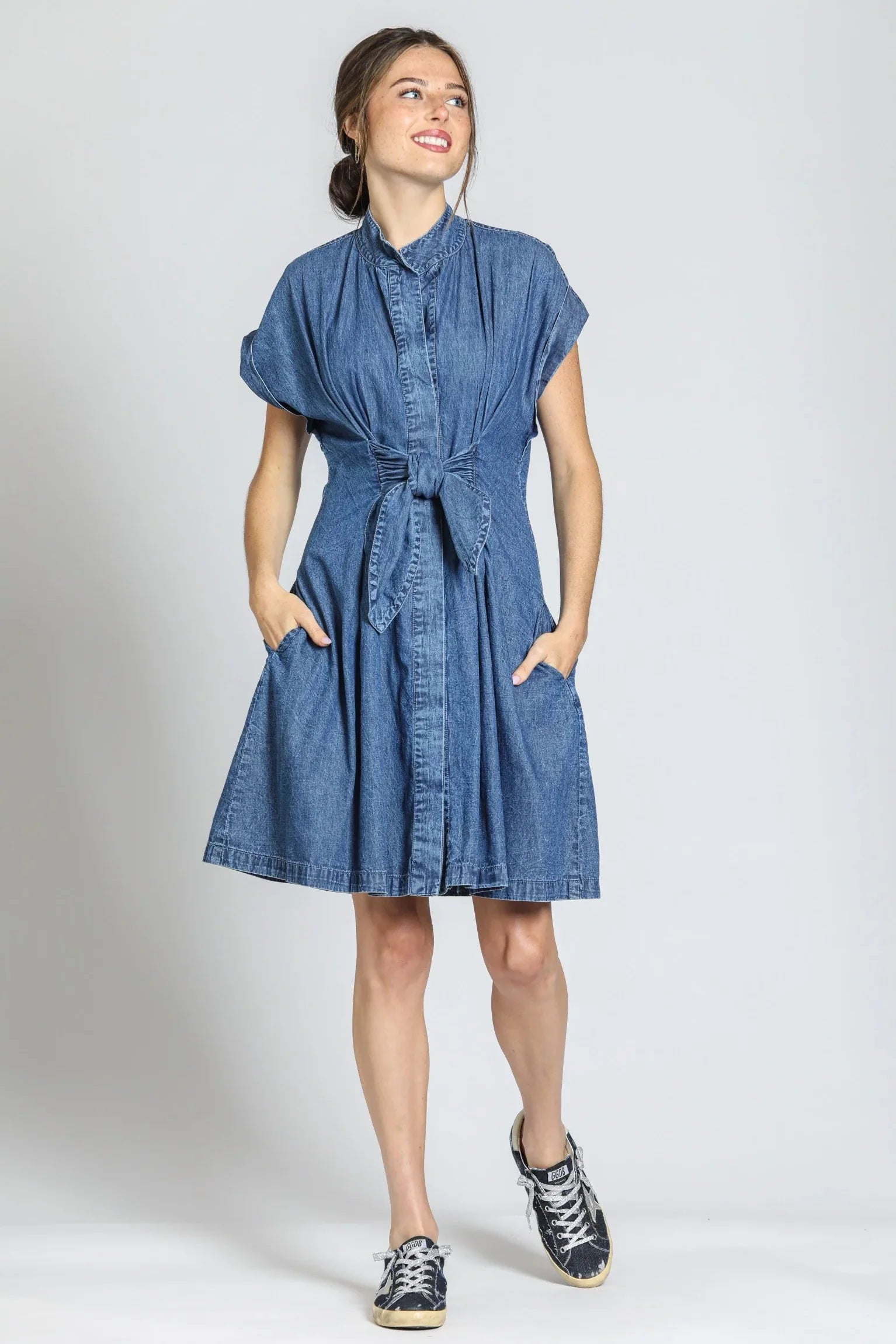 APNY Button Front Shirt Dress With Ties (B25)(Light Indigo)