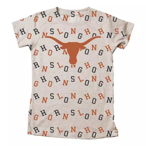 Texas Longhorn Wes & Willy Youth Girl's Longhorn Logo & Allover Team Letters Crew Neck Tee (2341TEX)(Oatmeal Heather)
