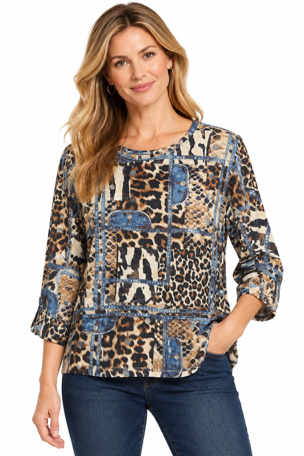 Multiples Knit Tab 3/4 Animal Print Top (M46115TM)