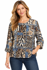 Multiples Knit Tab 3/4 Animal Print Top (M46115TM)