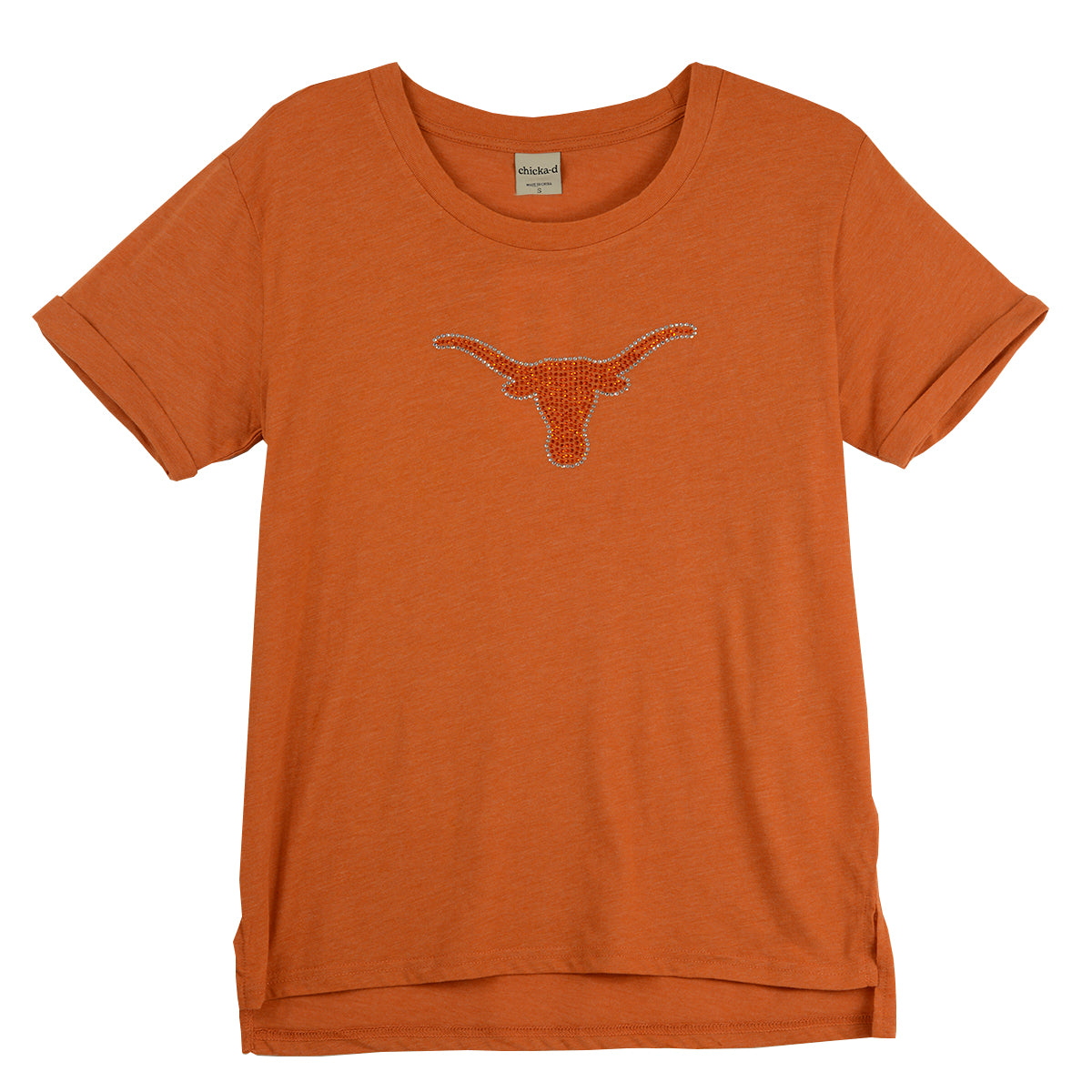 Texas Longhorns Must Have Tee  Orange Longhorn W/ Silver Outline Rhinestones Crew Tee (2108-02-BorangeRST)