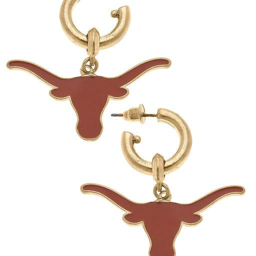 Texas Longhorn Canvas Enamel Logo Drop Hoop Earrings (BO/GLD)