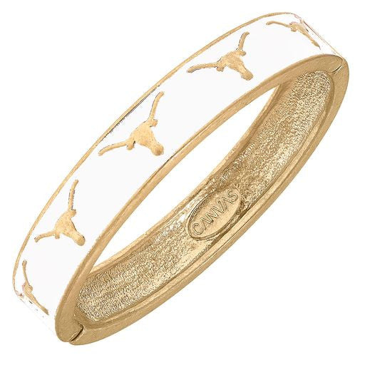 Texas Longhorn Canvas Repeat Logo White Enamel Hinge Bangle (GLD) (239858-TEX-WH)