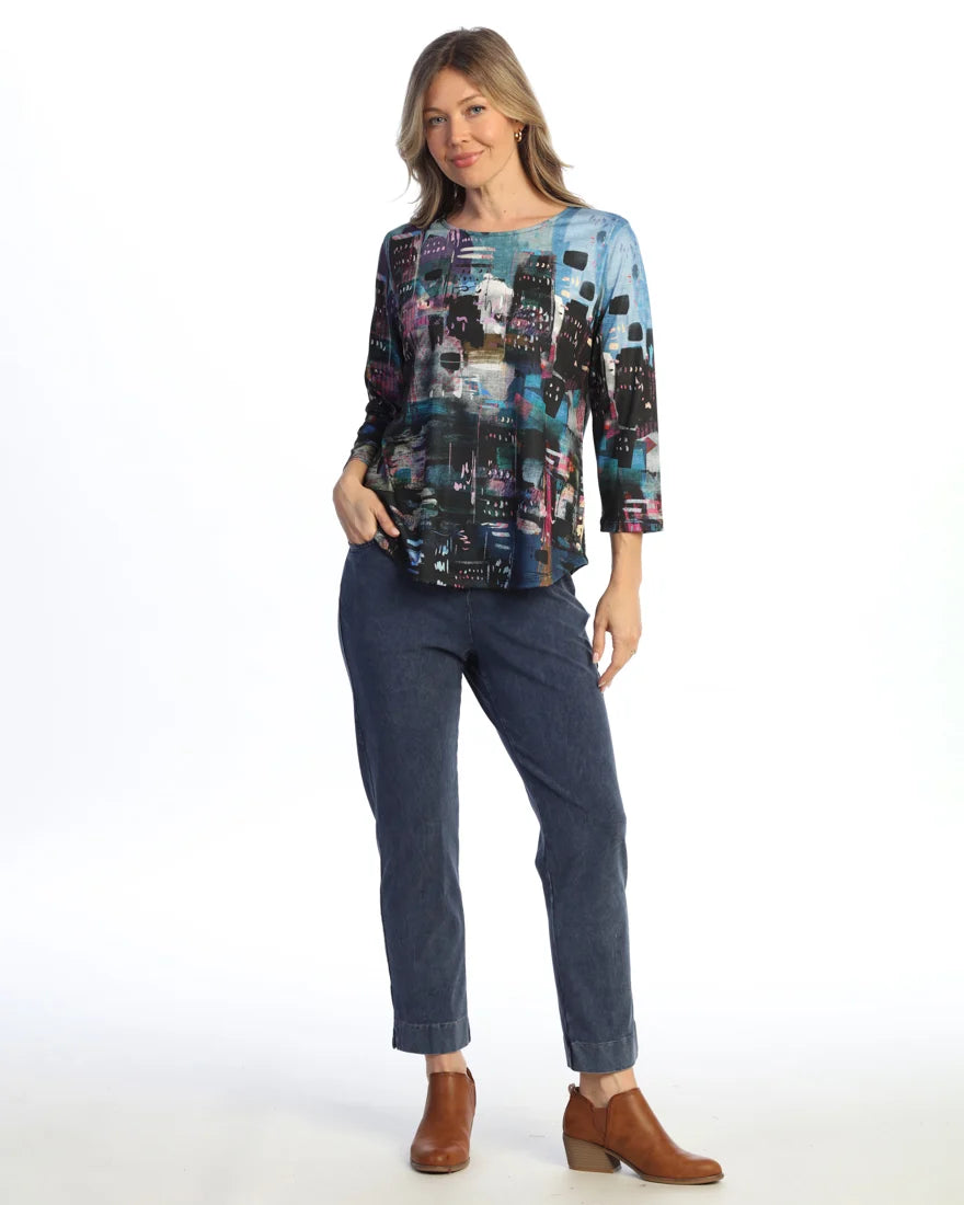 Jess & Jane Midnight Cityscape Spun Poly  Round Hem Top (24-2241)(Midnight)