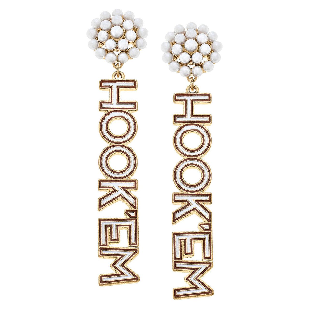 Texas Longhorn Canvas Pearl Cluster HOOK'EM Post Drop Earrings (WHT/GLD) (23017E-TEX)