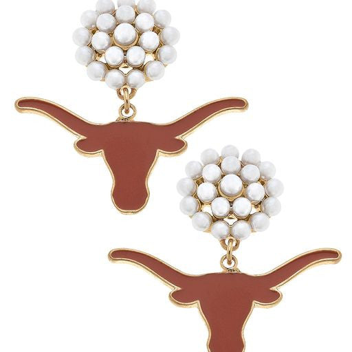 Texas Longhorn Canvas Pearl Cluster Enamel Logo Post Drop Earrings (BO/GLD) (24108E-TEX)