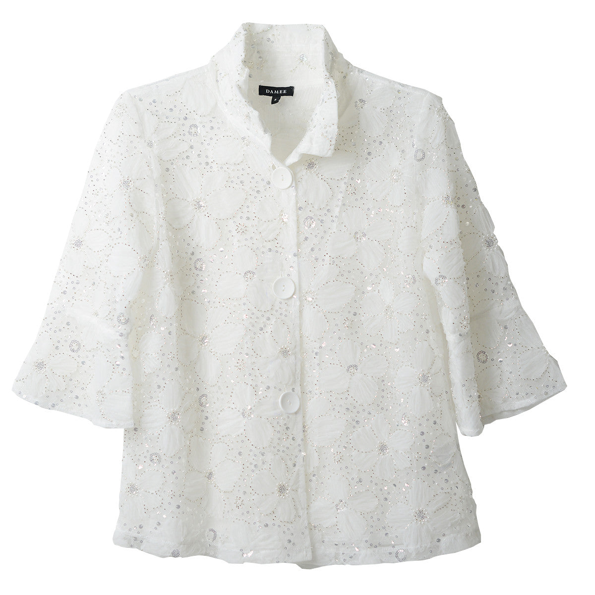 Damee White Beaded Flowers Mesh Jacket