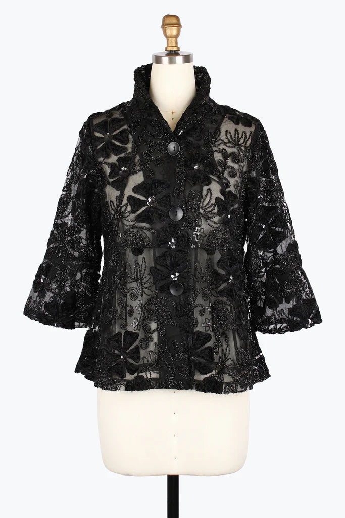 Damee Black Floral Sequin & Sparkle Sheer Mesh Short Jacket (2462)