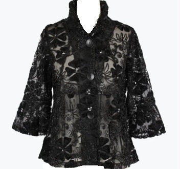 Damee Black Floral Sequin & Sparkle Sheer Mesh Short Jacket (2462)