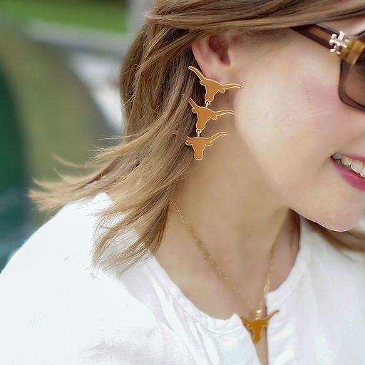 Texas Longhorn Canvas Triple Drop Logo Enamel Earrings (ORNG/GLD) (24678E-TEX)