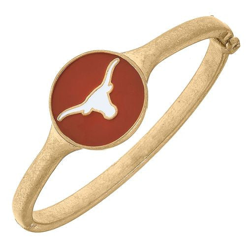 Texas Longhorn Canvas Burnt Orange Enamel Logo Medallion Bangle (GLD) (24687B-TEX-BO)