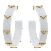 Texas Longhorn Canvas Repeat Logo White Resin Hoop Earrings (WHT/GLD) (24690E-TEX-WH)