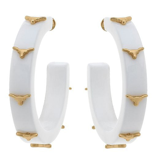 Texas Longhorn Canvas Repeat Logo White Resin Hoop Earrings (WHT/GLD) (24690E-TEX-WH)