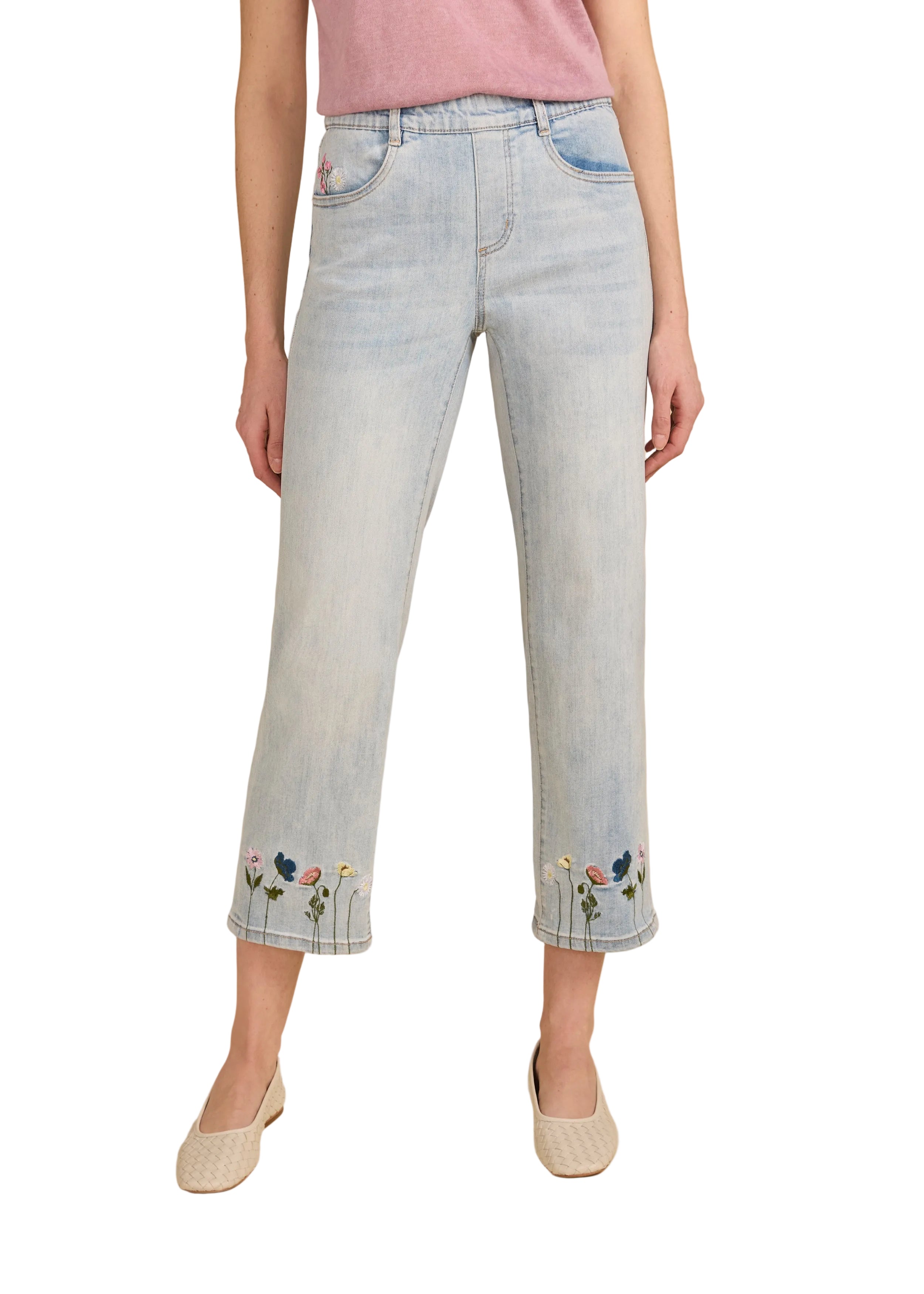 FDJ French Dressing Pull-on Straight Leg Embroidered  Crop Jean (2489669)(Light Wash)