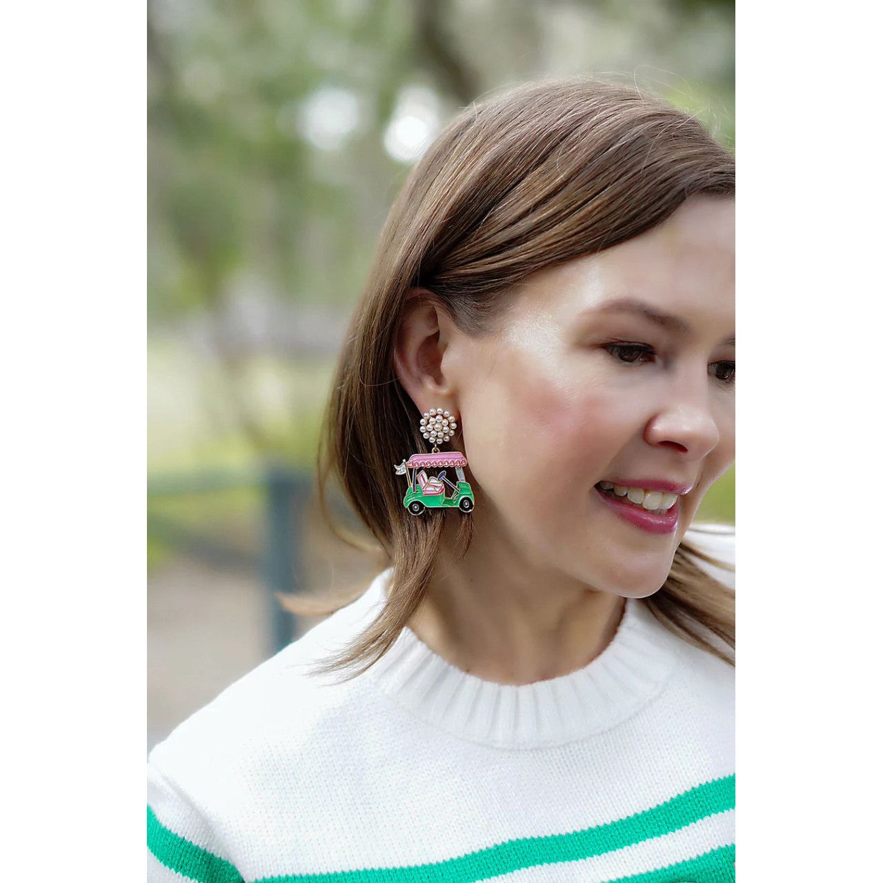 Canvas 19th Holes Golf Cart Enamel Earrings (24956E-MU) PNK/GRN