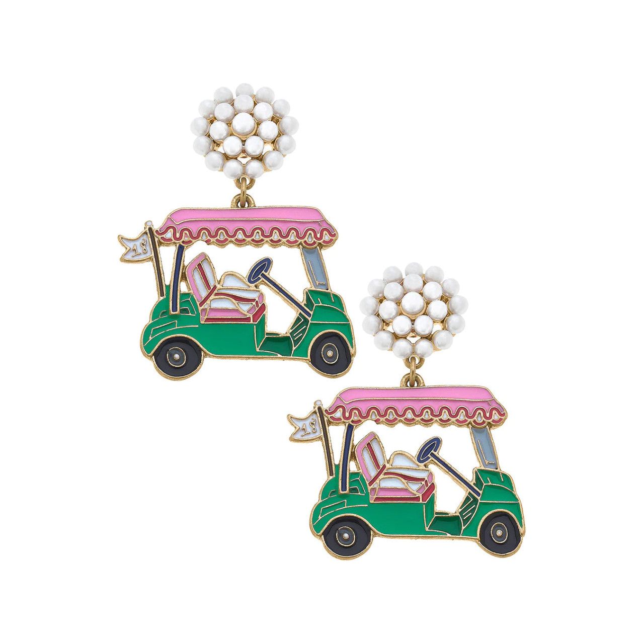 Canvas 19th Holes Golf Cart Enamel Earrings (24956E-MU) PNK/GRN