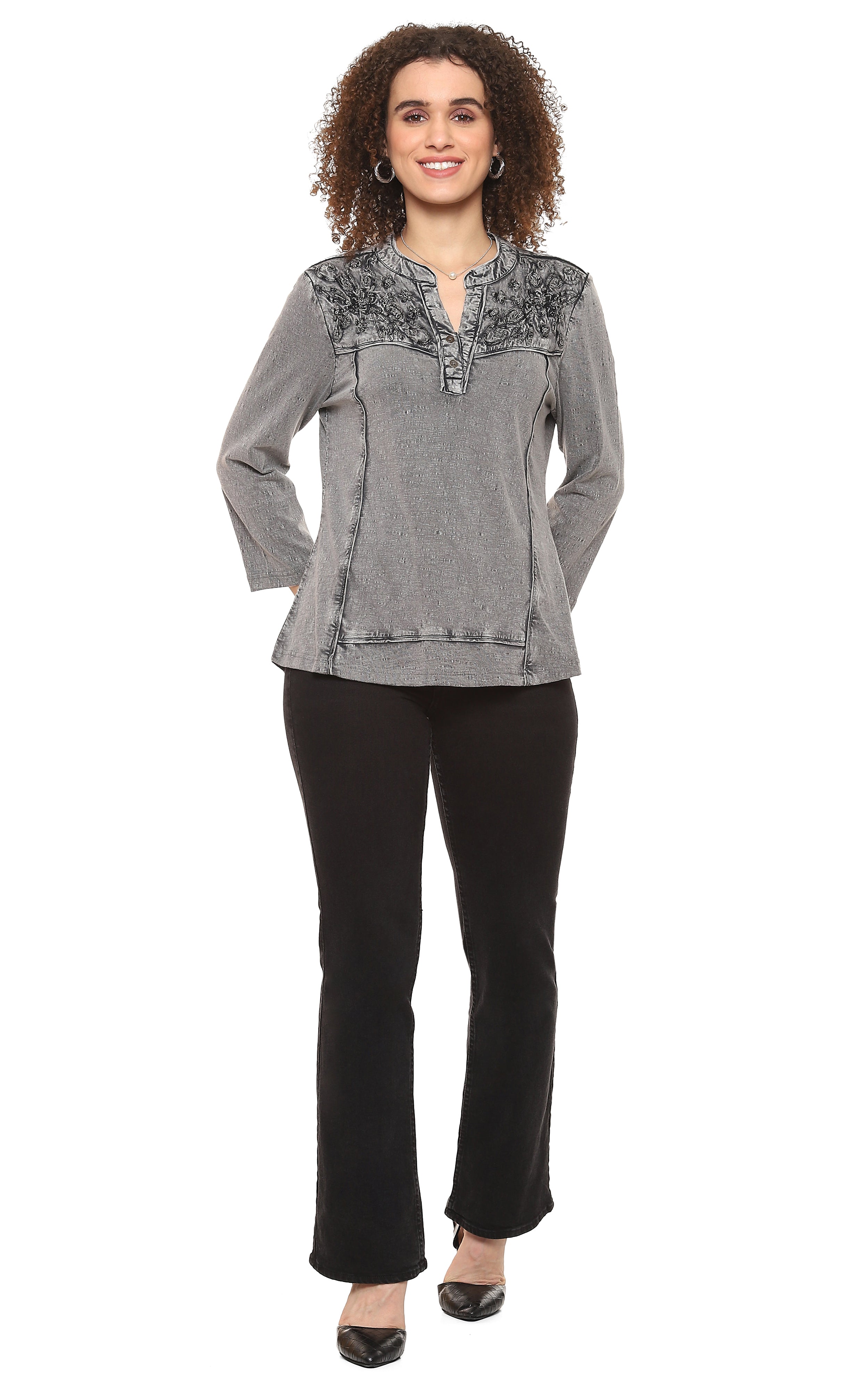 Parsley & Sage Lana Vintage Wash Tonal Embroidery Henley Tunic (Silver ...