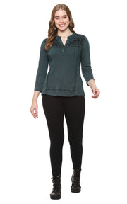 Parsley & Sage Lana Vintage Wash Tonal Embroidery Henley Tunic (Teal)(24F562C)