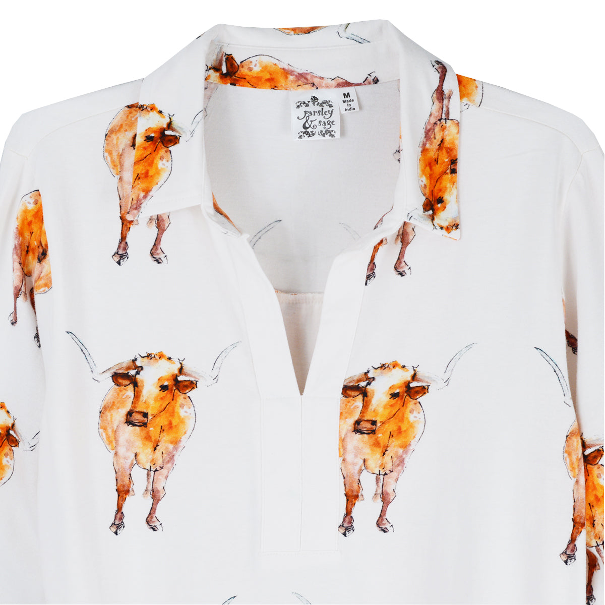 Parsley & Sage Kathleen McElwaine Steer 3/4 Sleeve Knit Tee with Collar  (24T47C2)