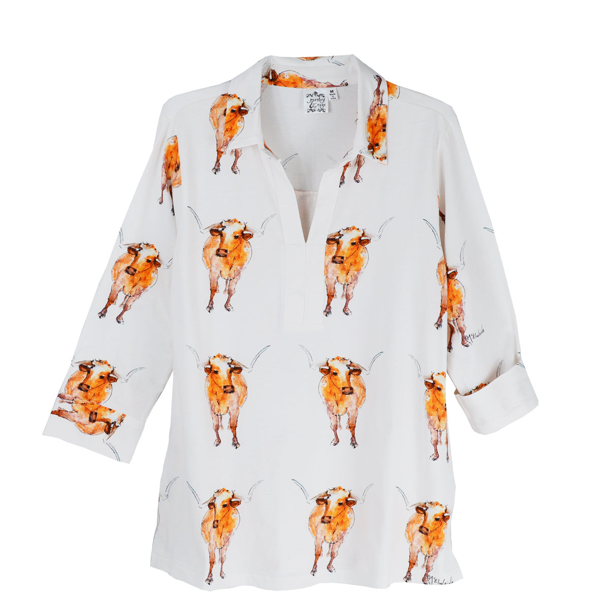 Parsley & Sage Kathleen McElwaine Steer 3/4 Sleeve Knit Tee with Collar  (24T47C2)