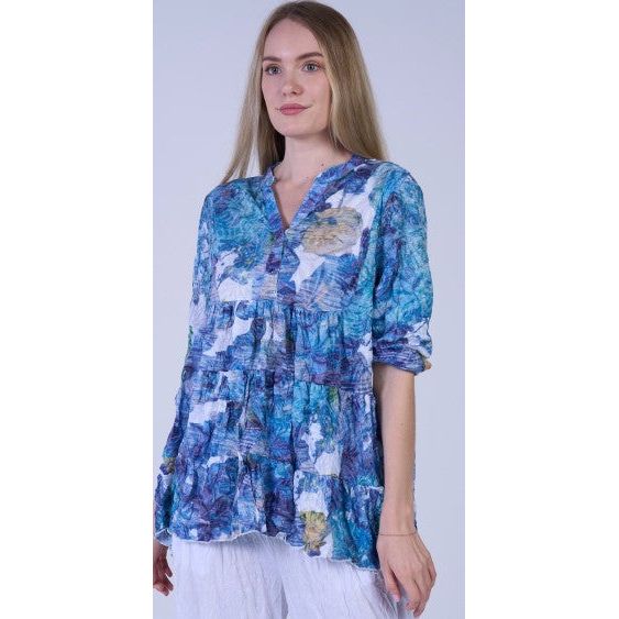 Shana Crinkle Blue Print Tiered Tunic