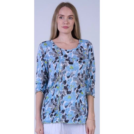 Shana Crinkle Contrast Stitch Pocket Top (BLU/LIME)