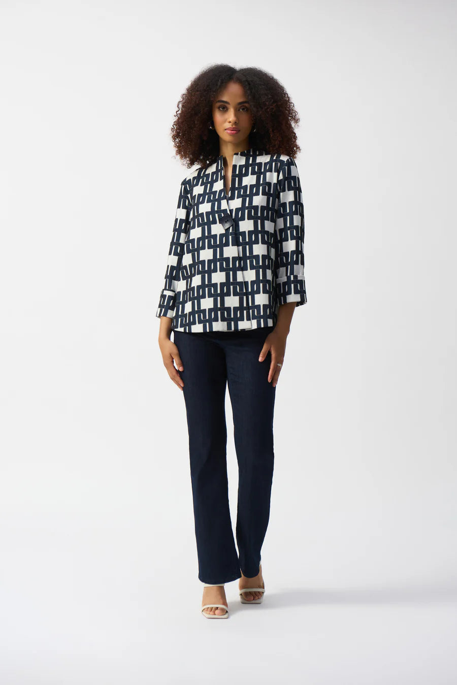 Joseph Ribkoff Geometric Jacquard Trapeze Jacket (251000)(Navy Off White )(Size 14)