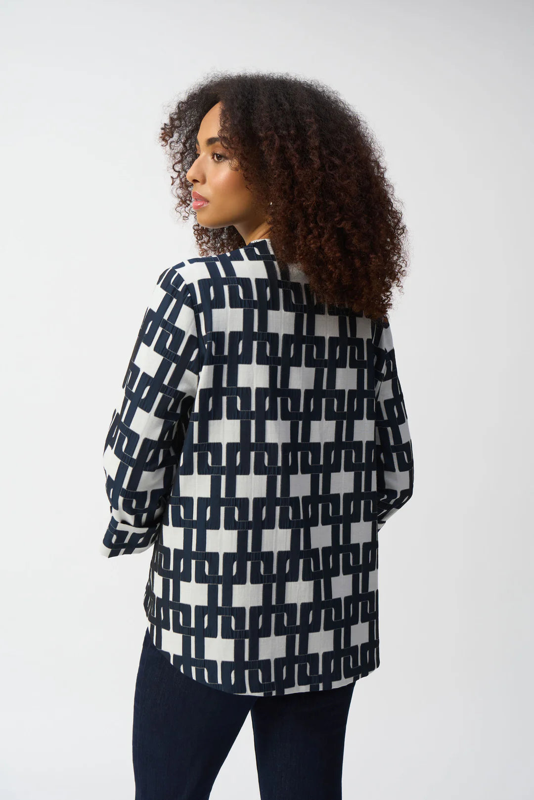 Joseph Ribkoff Geometric Jacquard Trapeze Jacket (251000)(Navy Off White )(Size 14)