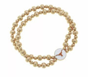 Texas Longhorn Canvas Enamel Medallion Satin Ball Bead 2 Row Stretch Bracelet (GLD)(25279B-TEX)