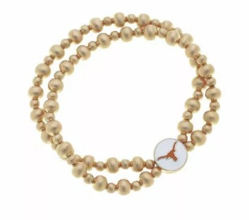 Texas Longhorn Canvas Enamel Medallion Satin Ball Bead 2 Row Stretch Bracelet (GLD)(25279B-TEX)