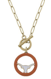 Texas Longhorn Canvas Enamel Logo in Loop T-Bar 16" Necklace (GLD/ORNG) (25284N-TEX)