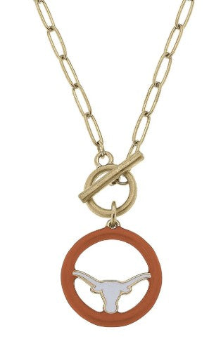 Texas Longhorn Canvas Enamel Logo in Loop T-Bar 16" Necklace (GLD/ORNG) (25284N-TEX)