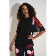 Joseph Ribkoff Solid Black Top With Floral Print Sleeve