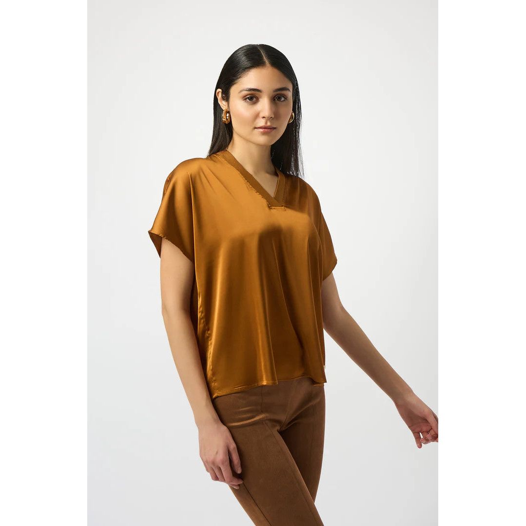 Joseph Ribkoff Whiskey V-Neck Satin Pullover Top