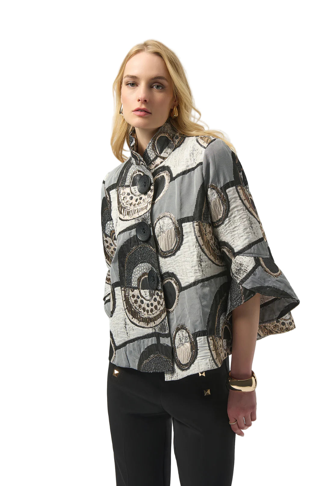 Joseph Abstract Jacquard Trapeze Jacket with  Tulip sleeves (254003-178)(Black Multi )