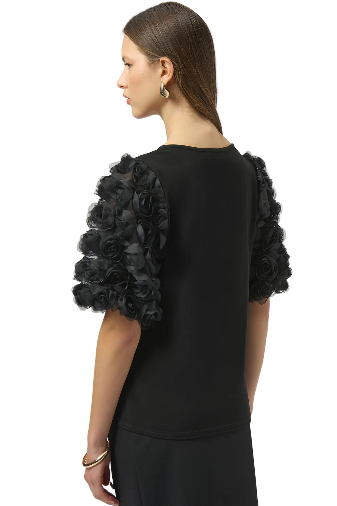 Joseph Ribkoff Black Top With Rosette Embroidered Sleeves (254064-11)