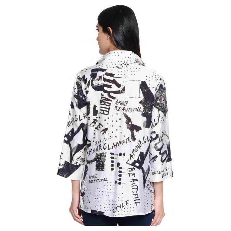 Ali Miles Word Print Woven Button Front Shirt (WHT/BLK)
