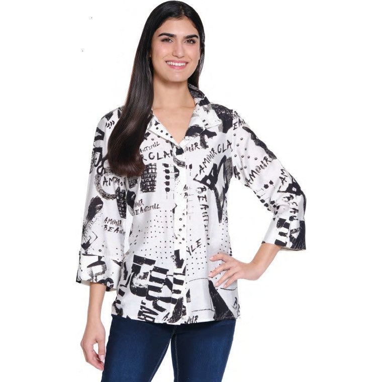Ali Miles Word Print Woven Button Front Shirt (WHT/BLK)