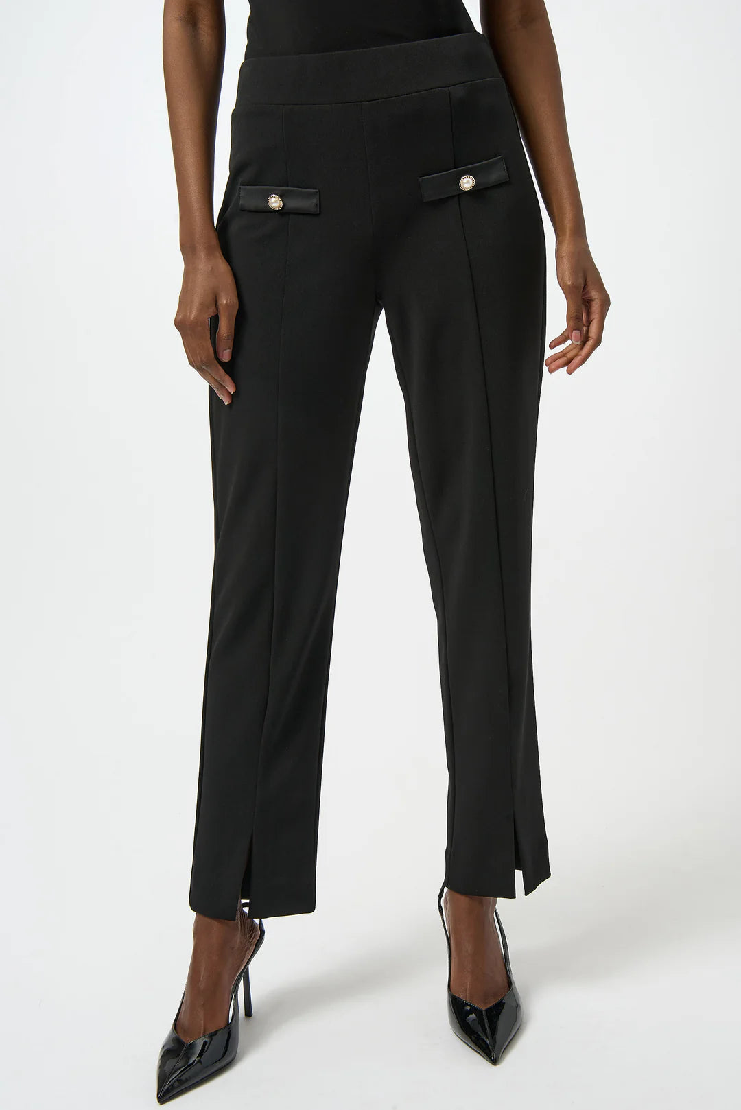 Joseph Ribkoff Straight Leg Solid Pearl Accent  Pant (254185)(Black)