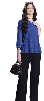 Parsley & Sage Carmen Vintage Wash Tonal Embroidery Shirt (Blue)