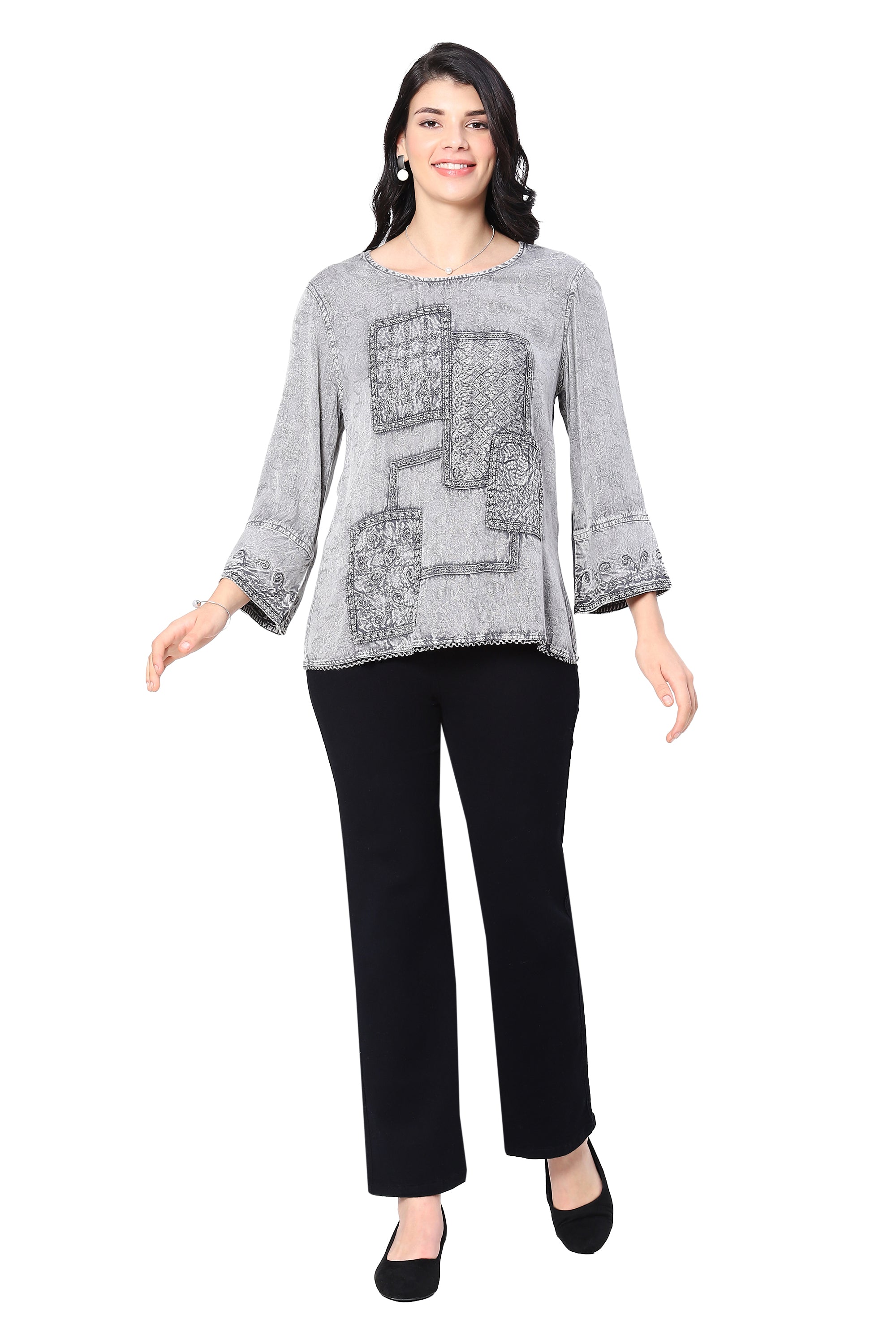 Parsley & Sage Finn Vintage Wash Tonal Embroidery Top (Silver)(25F584C)