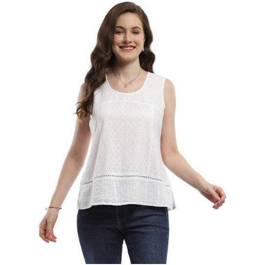 Parsley & Sage Yasmin Solid White Lattice Detail Tank