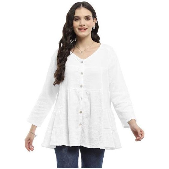 Parsley & Sage Daisy Crinkle Solid White Tiered Shirt